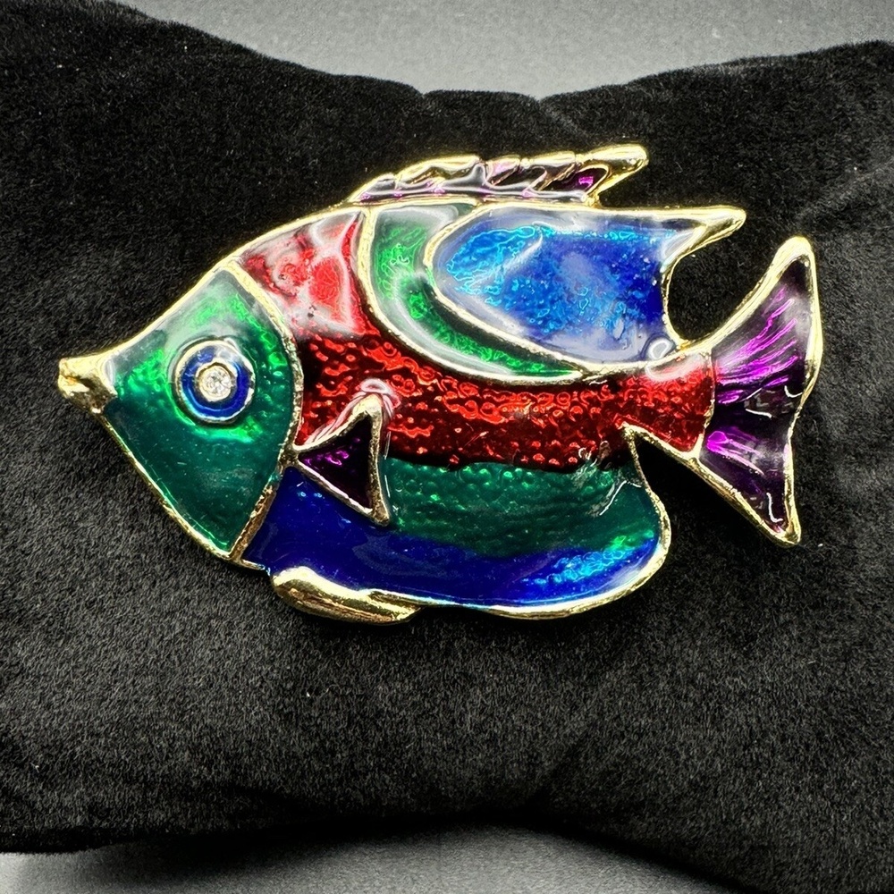 Vintage 80s Gold Tone Enamel Fish Brooch Rhinestone Multicolored Jewel Tones Pin
